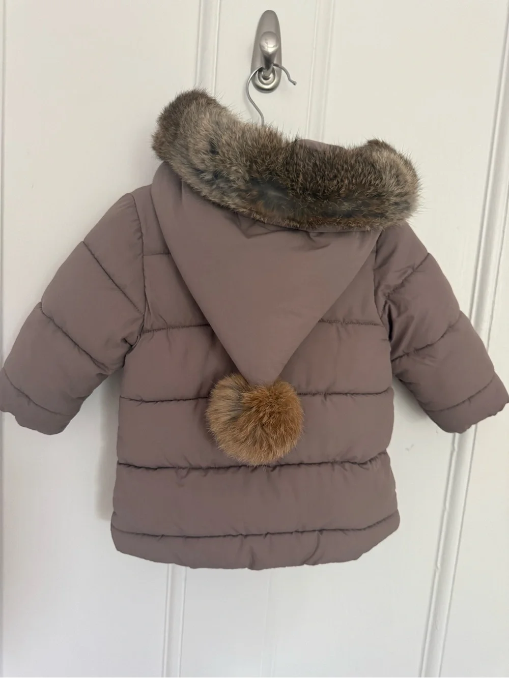 Tartine et Chocolat Taupe Quilted Baby Puffer with Real Fur Trim